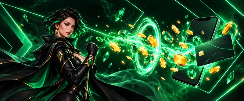 Magicienne, carte de paiement et téléphone dans un anneau lumineux vert